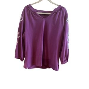 NWT Talbots Violet Split Neck Tie Woman's Size 1X Embroidered Sleeves Boho